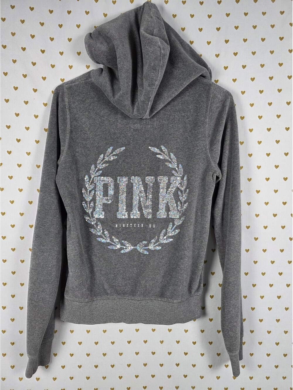 Victorias Secret Pink Velour Crest Bling Full zip hoodie jacket Grey Small